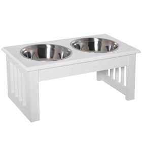 Wooden Dog Feeding Station with 2 Stainless Steel Bowls and Non-Slip Base Elegant White